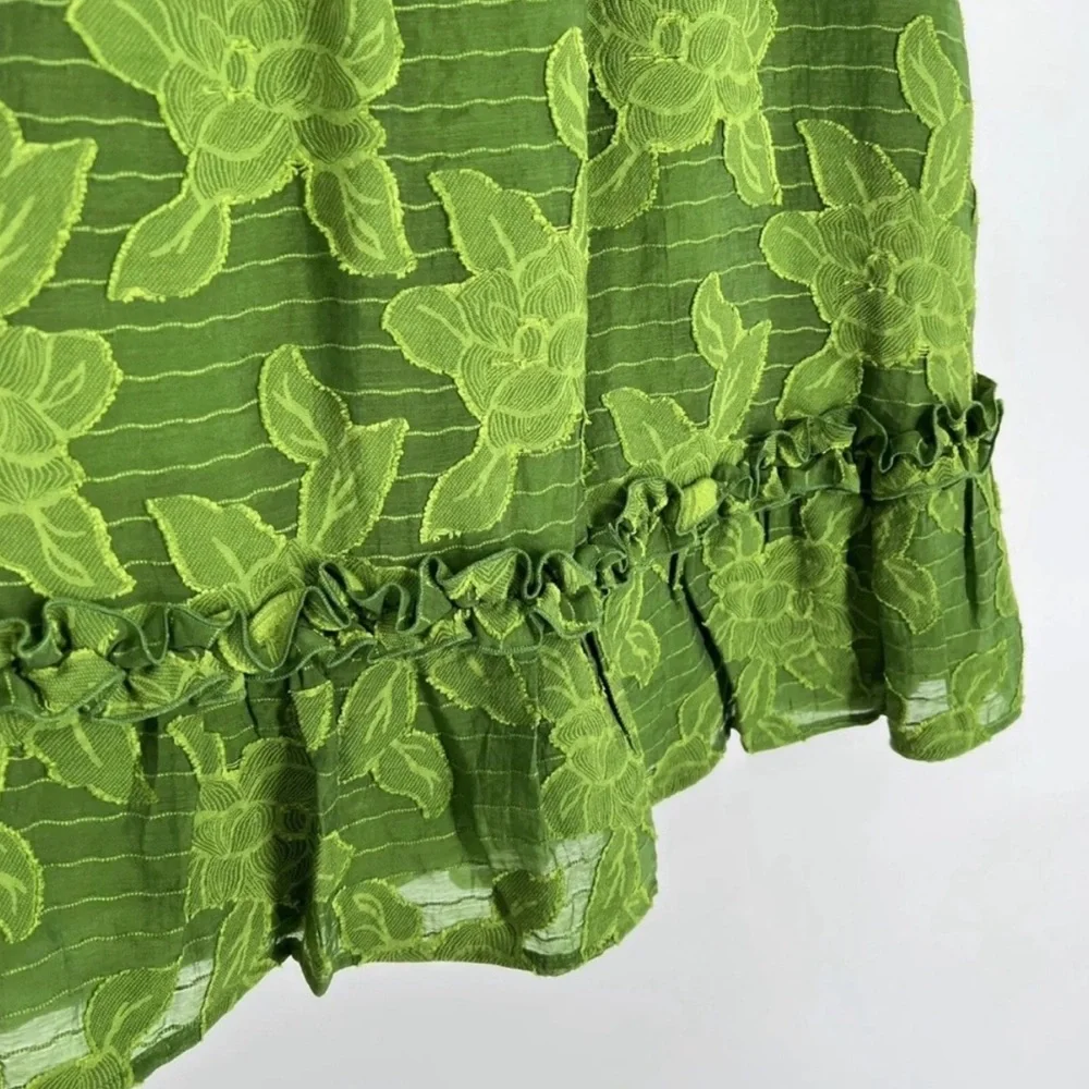 Maeve Anthropologie Savannah Embroidered Green Floral Swing Ruffle Blouse‎ Sz 2